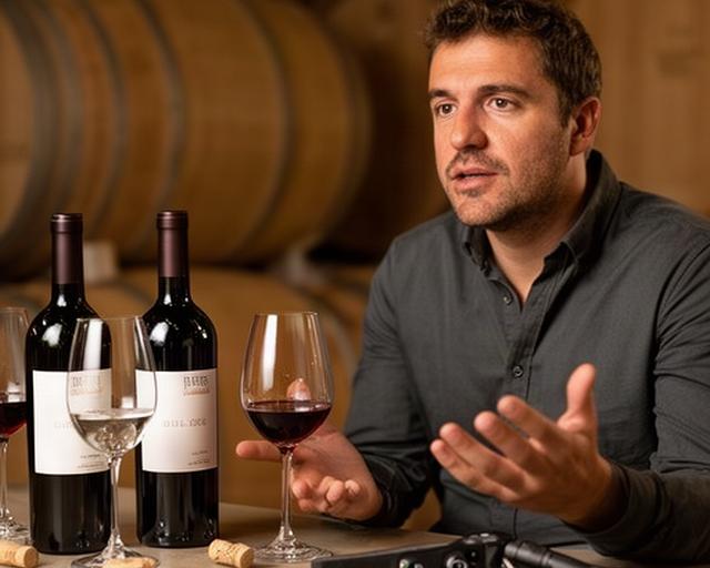 Enólogo de Bodegas Contador conversando junto a una mesa de cata y botellas de vino