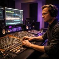 Diego A., técnico de mezcla, trabajando con medidores y controladores en el estudio