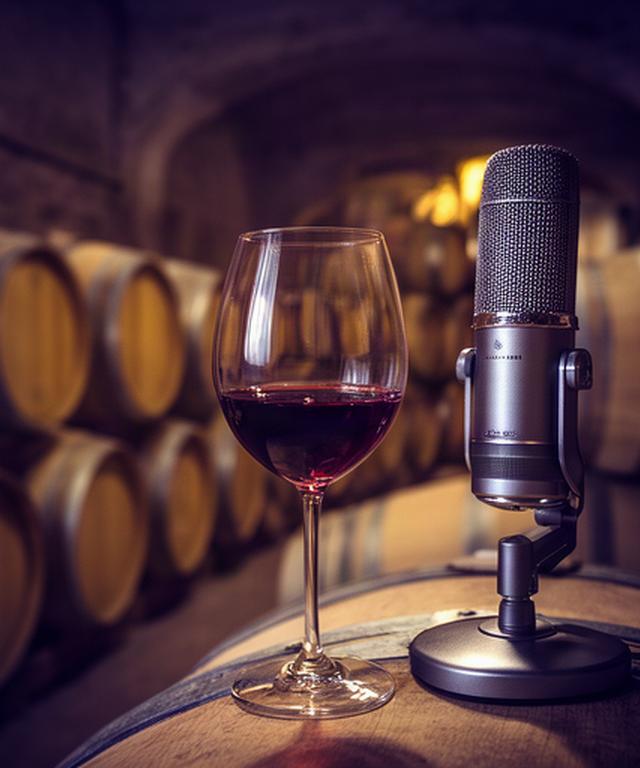 Copa de vino junto a un micrófono en una bodega de Rioja con barricas de madera