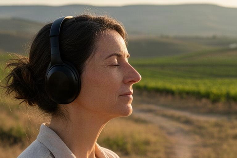 Persona con auriculares escuchando una meditación junto a un paisaje sereno de La Rioja